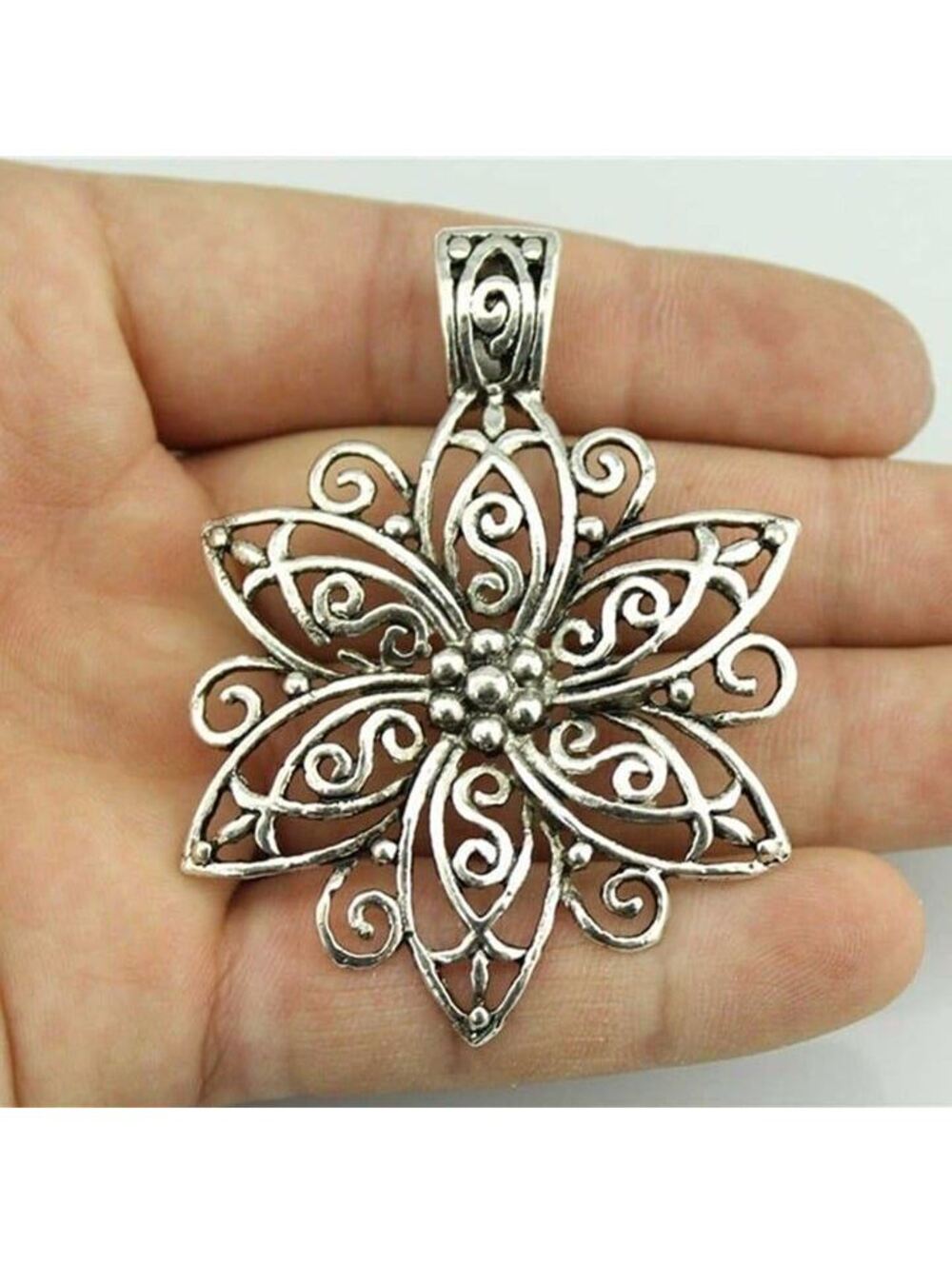 Art Nouveau Antiqued Silver Plated Filigree Flower Big Pendant with Slide Bail